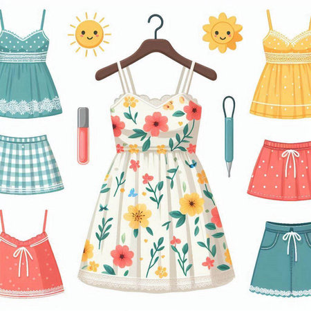 Cute summer clothes set. Hand drawn vector illustration in cartoon style.のイラスト素材
