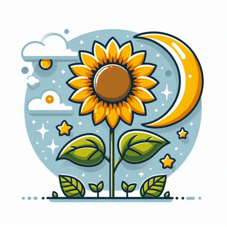 Sunflower with moon and stars. Vector illustration in flat style.のイラスト素材