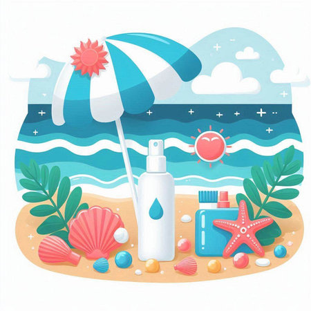 Vector illustration of sun protection cream on the beach. Flat style.のイラスト素材