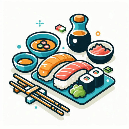 Sushi and rolls. Vector illustration in isometric flat style.のイラスト素材