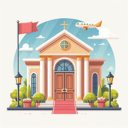 Church building with arch and red flag. Vector illustration in flat styleのイラスト素材