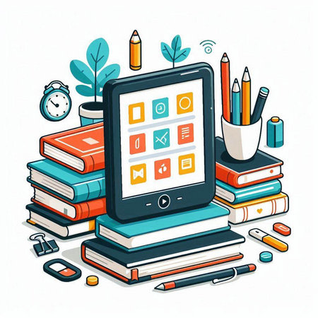 Online education concept. Tablet with school supplies. Vector illustration in cartoon style.のイラスト素材