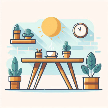 Interior of cafe with wooden table, coffee cup, potted plants and clock. Flat style vector illustration.のイラスト素材