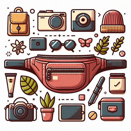 Vector set of hand drawn hipster objects and accessories. Vector illustration.のイラスト素材