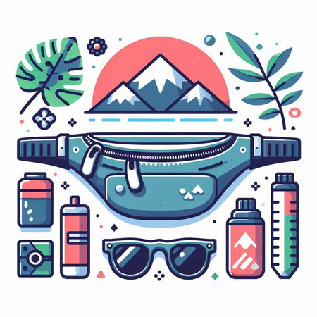 Hand drawn vector illustration of a woman's handbag, sunglasses and mountains.のイラスト素材