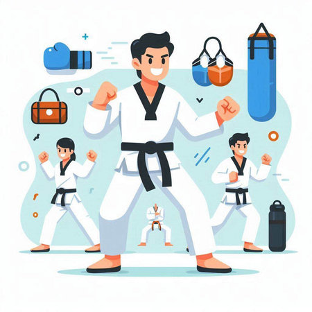 Taekwondo. Vector illustration in flat cartoon style. Sport and healthy lifestyle.のイラスト素材