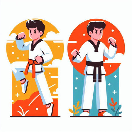 Taekwondo. Young man in kimono and belt. Vector flat illustrationのイラスト素材
