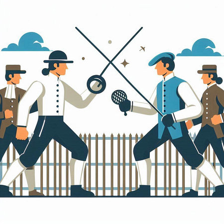 Fencing sport. Men in traditional costume playing fencing. Cartoon vector illustration.のイラスト素材