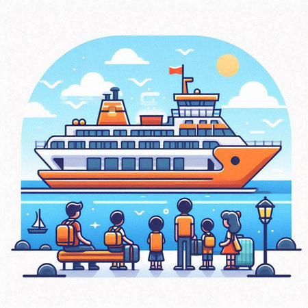 Passenger ferry on the sea. Vector illustration in flat style.のイラスト素材