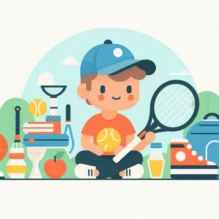 Cute little boy playing tennis. Vector illustration in flat style.のイラスト素材