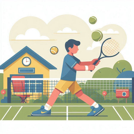 Young man playing tennis on the court. Active lifestyle. Vector illustrationのイラスト素材