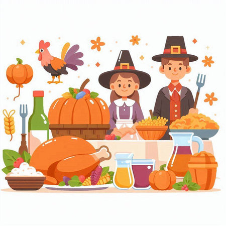 Thanksgiving day vector illustration. Cute cartoon family with turkey, vegetables and pumpkin.のイラスト素材
