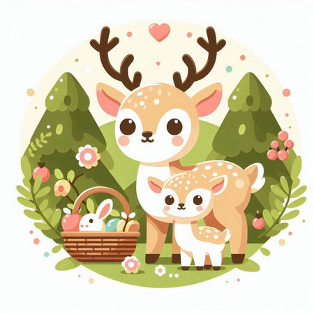 Cute deer family with basket of Easter eggs. Vector illustration.のイラスト素材