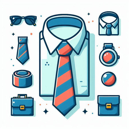 Men's shirt with necktie, glasses, briefcase, tie and other accessories. Vector illustration.のイラスト素材