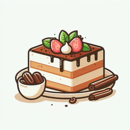 Tiramisu cake with strawberries and cream. Vector illustration.のイラスト素材