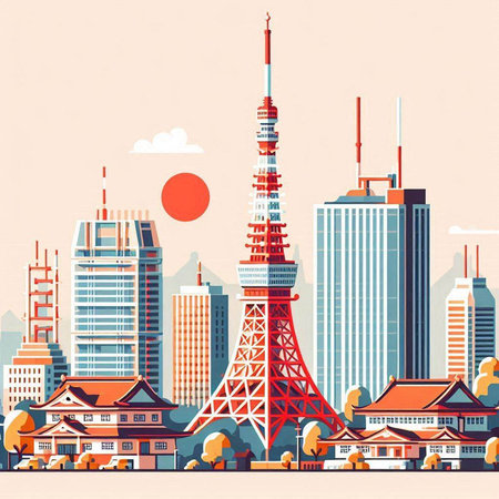 Tokyo skyline with Tokyo Tower, Japan. Vector illustration in flat styleのイラスト素材