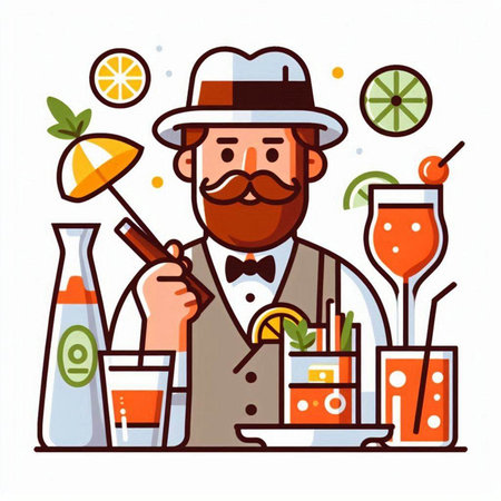 Bartender in hat and apron making cocktail. Vector illustrationのイラスト素材