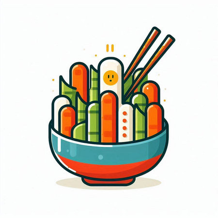 Illustration of Asian food in a bowl with chopsticks. Vector illustration.のイラスト素材