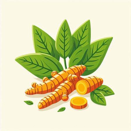 Turmeric root with green leaves. Vector illustration for your design.のイラスト素材