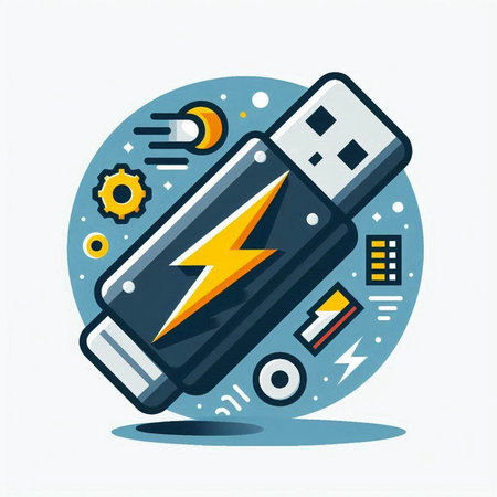 USB flash drive with thunderbolt. Vector illustration in flat style.のイラスト素材