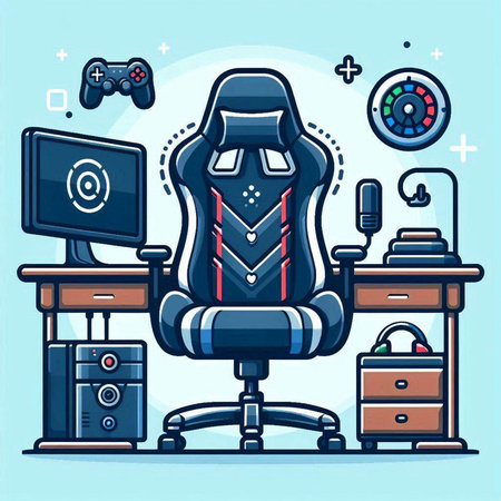 Vector illustration of a gamer sitting in the office chair. Video game console.のイラスト素材