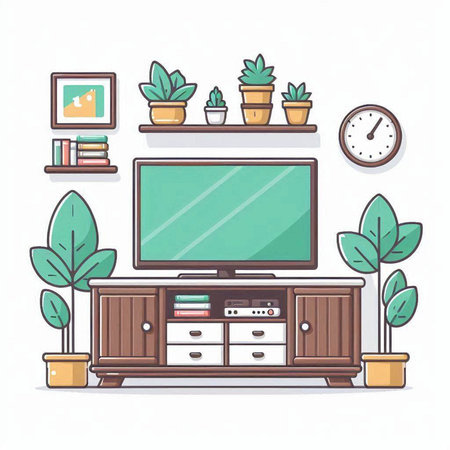Living room with TV and plants. Vector illustration in flat style.のイラスト素材