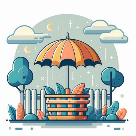 Vector illustration of an umbrella protecting the house from the rain. Flat style.のイラスト素材