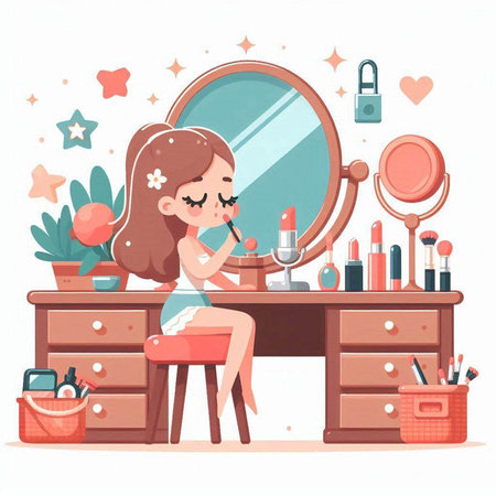 Cute cartoon girl doing makeup in front of mirror. Vector illustrationのイラスト素材