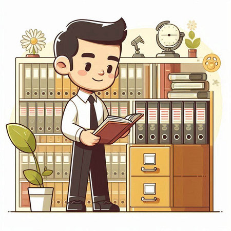 Businessman reading book in office. Vector illustration in cartoon style.のイラスト素材