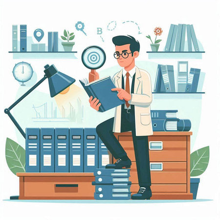 Scientist in lab coat with magnifying glass. Vector illustration in flat styleのイラスト素材