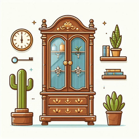 Wooden vintage cabinet with clock, cactus and books. Vector illustration.のイラスト素材