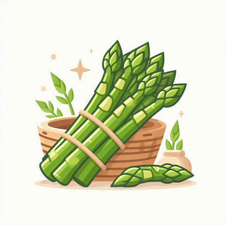 Bunch of fresh green asparagus in a basket. Vector illustrationのイラスト素材