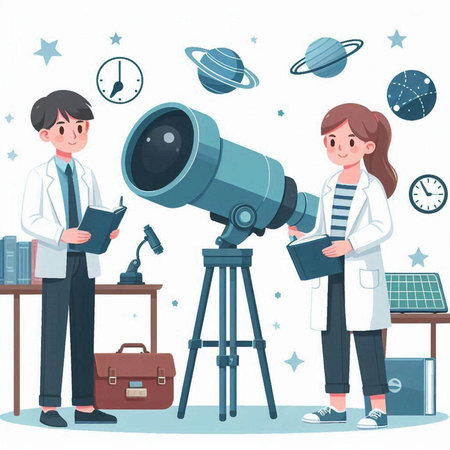 Scientist and telescope in the laboratory. Vector illustration in cartoon style.のイラスト素材