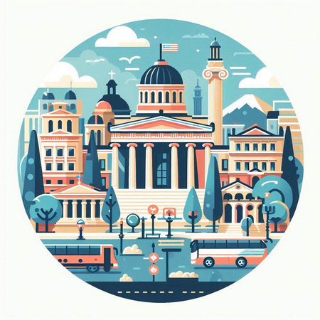 Flat design illustration of Bucharest cityscape in round shape.のイラスト素材