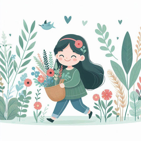 Cute little girl carrying a basket full of flowers. Vector illustration.のイラスト素材