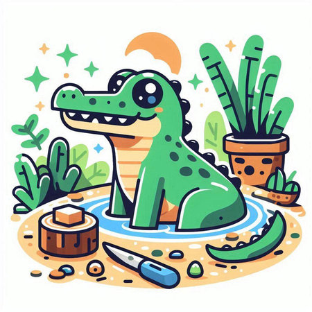 Cute crocodile in the garden. Vector illustration on white background.のイラスト素材