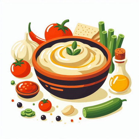 Vector illustration of hummus in bowl with ingredients for cooking. Healthy food.のイラスト素材