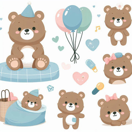 Set of cute teddy bears with different elements. Vector illustration.のイラスト素材