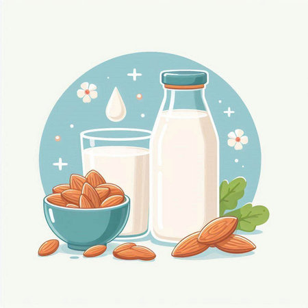 Almond milk in glass bottle and bowl with almonds. Vector illustration.のイラスト素材