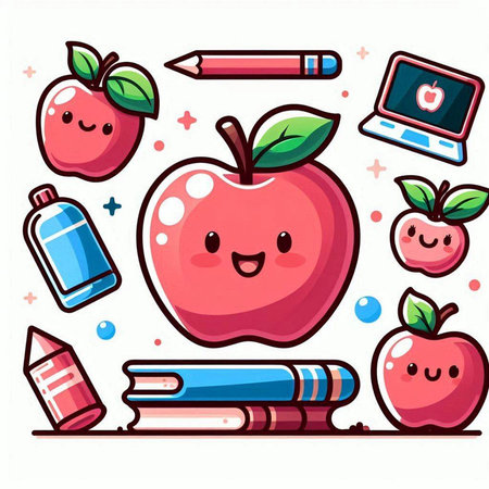 Cute apple and school supplies. Vector illustration in cartoon style.のイラスト素材
