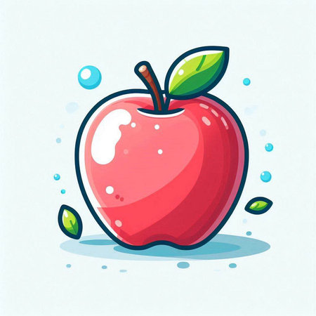 Funny red apple with green leaves and water drops. Vector illustration.のイラスト素材