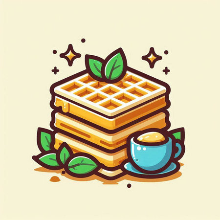 Illustration of a sweet waffle with mint and a cup of coffeeのイラスト素材