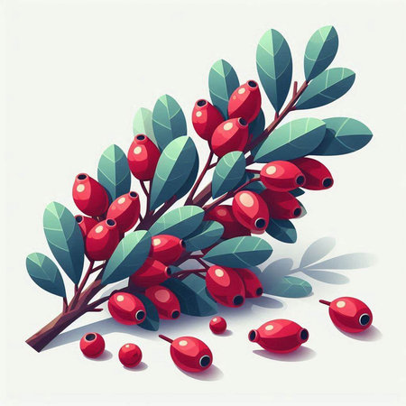 Illustration of rosehip branch with berries and leaves. Vector illustration.のイラスト素材