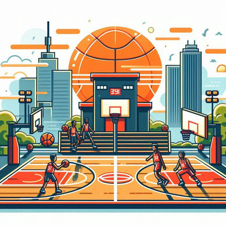 Basketball court with ball and players. Flat style vector illustration.のイラスト素材