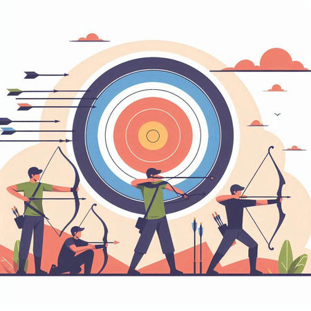 Archery vector illustration. Cartoon archers aiming at the target.のイラスト素材