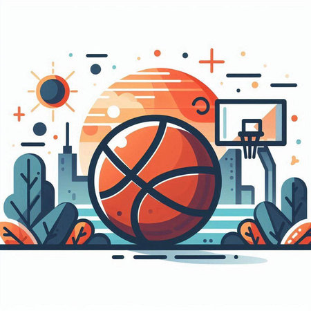 Basketball ball on basketball court and basketball hoop. Vector illustration.のイラスト素材