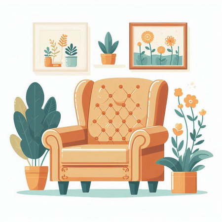 Living room interior with armchair and flowers. Vector illustration in flat styleのイラスト素材