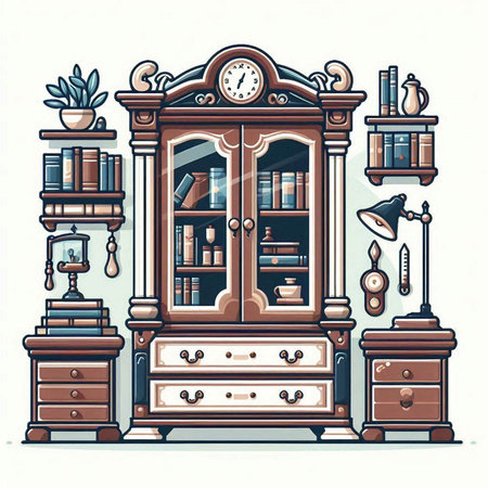 Cabinet with books and bookshelf. Vector illustration.のイラスト素材