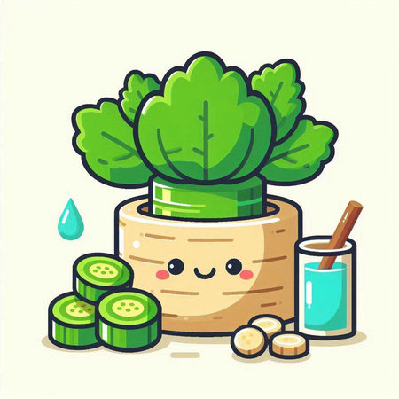 Cute kawaii celery plant cartoon character vector illustration.のイラスト素材