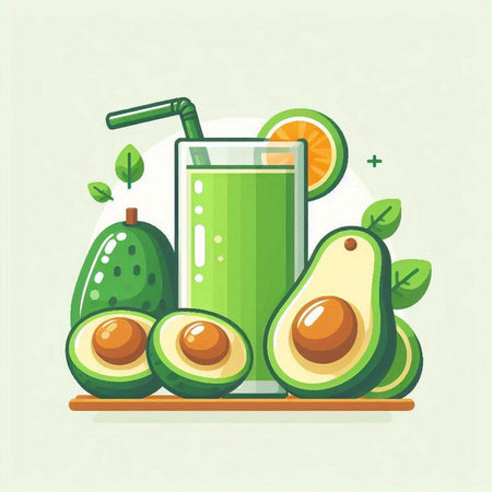 Avocado smoothie in glass with fresh fruits. Vector illustration.のイラスト素材